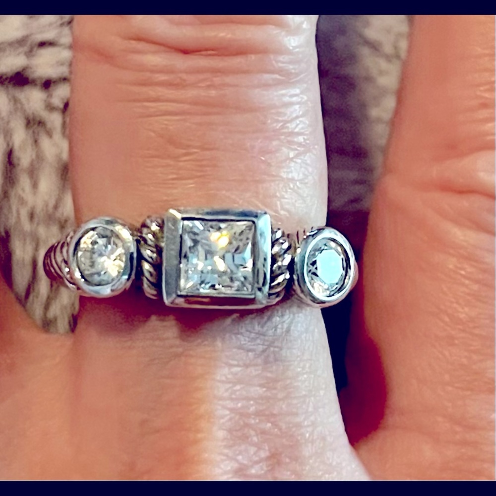 Judith Ripka Silver Ring with Clear Square and Round Stones